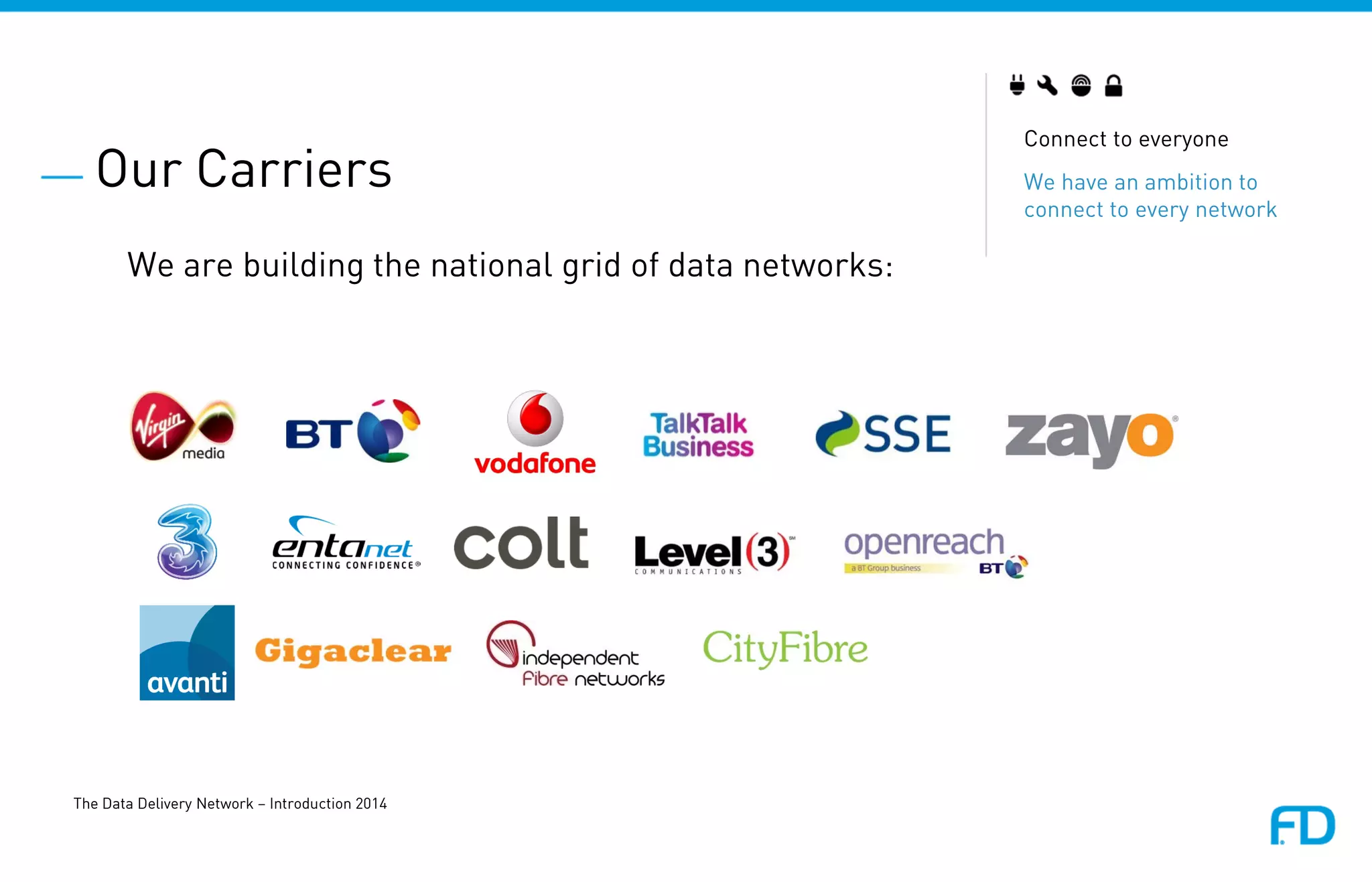 Connect to everyone
We have an ambition to
connect to every network
Our Carriers
We are building the national grid of data networks:
The Data Delivery Network – Introduction 2014