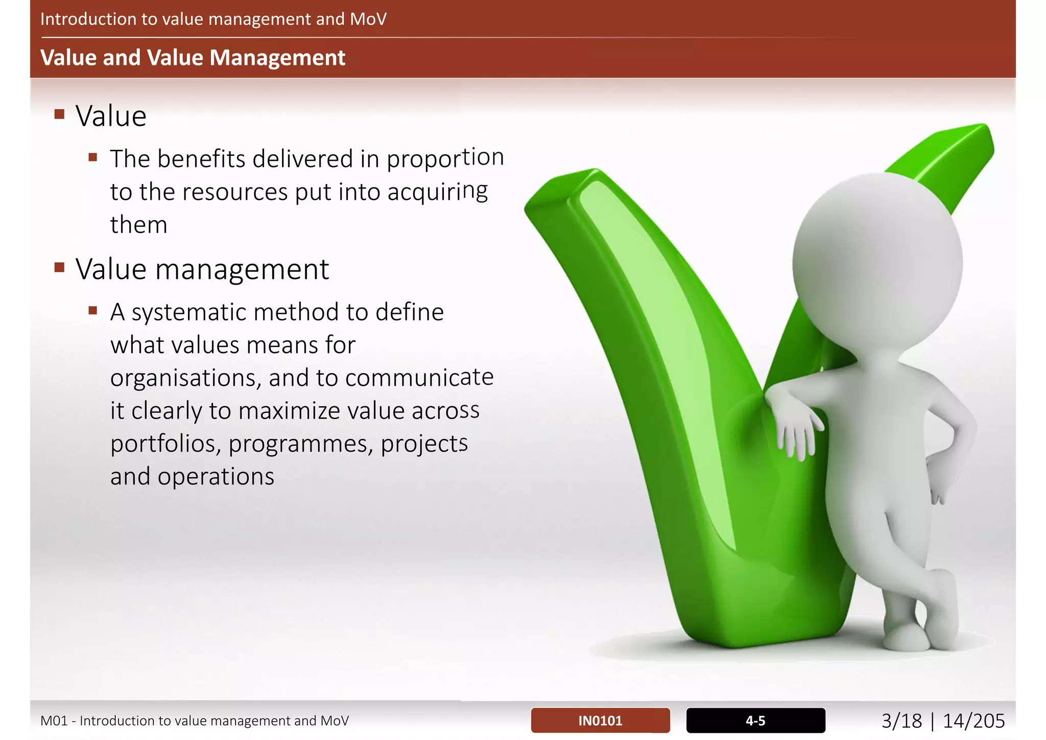 Agenda
Introduction to value management and MoV
1. Introduction to value management and MoV
2. MoV principles
3. MoV processes
4. MoV techniques
5. Common techniques used in MoV
6. Approach to MoV implementation
7. Environmental factors
8. Embedding MoV into an organization
9. MoV products
10. MoV toolbox
11. MoV health check and maturity model
M01 - Introduction to value management and MoV 2/21 | 14/209
 