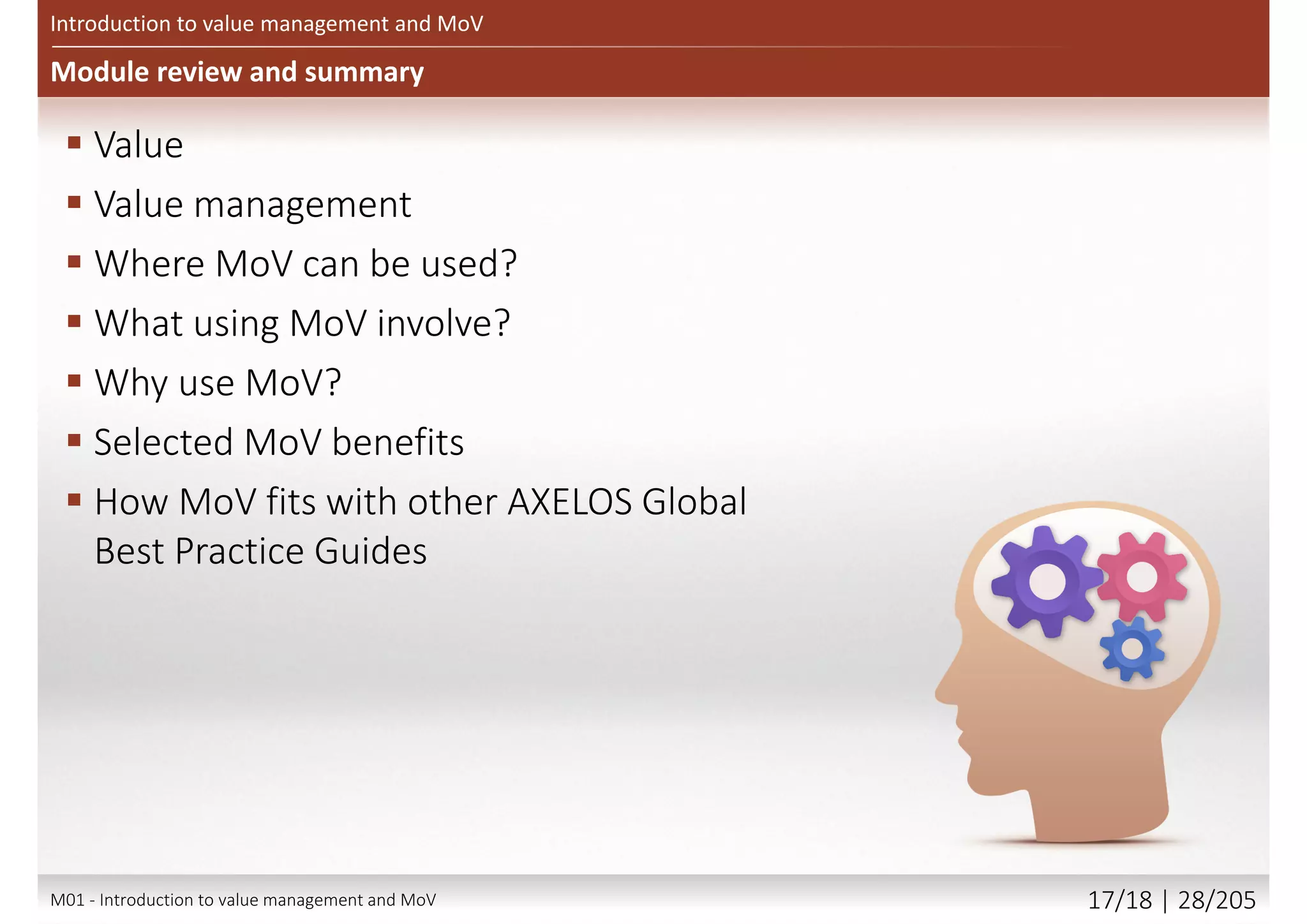 How MoV fits with other AXELOS Global Best Practice Guides
Introduction to value management and MoV
P3O
MoP
M_o_R
MSP
PRINCE2
ITIL
 Value for money in the
delivery of IT programmes
and projects
 Improving efficiency in
delivery of services
 Support offices that can provide the
resources and support for MoV
 Articulate an
organisation’s MoP value
priorities informs
developing strategy
 Complements by adding
value better exploit
opportunities reducing
risk by clarity of
definitions
 Enhances the methods available
under MSP to add value
 Focus on functions
 Informs project brief
 Enable option selection
 Generate innovative alternatives
IN0207M01 - Introduction to value management and MoV 16/21 | 28/209
 