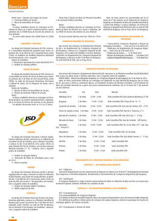 14
Convocatórias
Ponto único – eleições dos órgãos da secção
1 – Comissão Política de Secção
2 – Mesa da Assembleia de Secção
Nota:
- As listas candidatas devem ser entregues ao Pre-
sidente da Mesa, ou a quem estatutariamente o possa
substituir até às 24h00 horas do terceiro dia anterior ao
acto eleitoral.
- As urnas estão abertas das 20h00 horas às 22h00
horas.
SANTARÉM / DISTRITAL
Ao abrigo dos Estatutos Nacionais do PSD, convoca-
se a Assembleia Distrital de Santarém para reunir, no
próximo dia 16 de Abril de 2012 (segunda-feira), pelas
21h00, no Auditório do Pavilhão Desportivo Municipal
do Entroncamento, com a seguinte
Ordem de Trabalhos:
1 – Discussão e aprovação das contas distrital de 2011
2 – Análise da situação política.
TERRAS DE BOURO
Ao abrigo dos Estatutos Nacionais do PSD, convoca-se
a Assembleia da Secção de Terras de Bouro para reunir,
no próximo dia 4 de Maio de 2012 (sexta-feira), pelas
19h00, no salão da Associação Desportiva, Recreativa
e Cultural de Souto, sito na freguesia de Souto, com a
seguinte
Ordem de Trabalhos:
1 - Eleição da Mesa da Assembleia de Secção;
2 - Eleição da Comissão Política de Secção.
Notas
- As listas candidatas deverão ser entregues ao Presi-
dente da Mesa, ou a quem estatutariamente o substituir,
até às 24 horas do terceiro dia anterior ao ato eleitoral.
- As eleições decorrerão entre as 19 e as 22 horas.
Concelhia Dia Hora Morada
Alfândega da Fé	 5 de Maio 21:00 – 23:00	 Sede Concelhia PSD: Rua Camilo de Mendonça, nº 258
Bragança		 5 de Maio 21:00 – 23:00	 Sede Concelhia PSD: Praça da Sé, 16 - 1º
Carrazeda de Ansiães	 5 de Maio 21:00 – 23:00 Sede Concelhia PSD: Rua Luís de Camões, 823 - 2º Frt.
Freixo de Espada à Cinta 5 de Maio 21:00 – 23:00 Sede Concelhia PSD: Rua de S. Francisco, nº 3
Macedo de Cavaleiros	 5 de Maio 21:00 – 23:00 Sede Concelhia PSD: Rua Clara Vaz, 1 - 2º Esq.
Miranda do Douro	 5 de Maio 21:00 – 23:00 Sede Concelhia PSD: Rua da Trindade - Edf Patrício
Mirandela		 5 de Maio 21:00 – 23:00 Sede Concelhia PSD: Av. 25 de Abril, 273 - Sub- loja
Esq. - Fracção G
Mogadouro		 5 de Maio 21:00 – 23:00 Sede Concelhia PSD: Av. do Sabor
Torre de Moncorvo	 5 de Maio 21:00 – 23:00 Sede Concelhia PSD: Rua Abade Tavares, 7 - 1º Esq.
Vila Flor		 5 de Maio 21:00 – 23:00 Sede Concelhia PSD
Vimioso		 5 de Maio 21:00 – 23:00 Sede Concelhia PSD
Vinhais		 5 de Maio 21:00 – 23:00 Sede Concelhia PSD
REGULAMENTO DO I CONGRESSO REGIONAL DA JSD BRAGANÇA
CAPÍTULO 1 – DO PRESENTE REGULAMENTO
Artº 1 (Objecto)
O presente Regulamento visa dar cumprimento ao disposto nas alíneas a) e b) do Artº 3 do Regulamento Nacional
dos Congressos e Conselhos Regionais, disciplinando o funcionamento do I Congresso Regional da JSD Bragança.
Artº 2 (Definição)
O Congresso Regional é o órgão máximo representativo de todos os militantes da JSD, inscritos na circunscrição
territorial regional, conforme definido nos estatutos da JSD.
CAPÍTULO 2 – DO CONGRESSO REGIONAL E SEUS MEMBROS
Artº 3 (Competências)
É da responsabilidade do Congresso Regional:
a) A eleição da Mesa do Conselho Regional /Mesa do Congresso Regional bem como da Comissão Política Regional;
b) A definição da política e linhas gerais de actuação dos órgãos regionais, através da aprovação de moções de
estratégia global e de moções sectoriais.
Artº 4 (Composição e Direitos de Voto)
COIMBRA
Ao abrigo dos Estatutos Nacionais e demais regula-
mentos aplicáveis da JSD, convocam-se os militantes da
Concelhia da JSD de Coimbra, para o Plenário Concelhio
a realizar no dia 14 de Abril de 2012, pelas 14h30, na
Sede Distrital do PSD de Coimbra, sita na Rua Lourenço
Almeida Azevedo, n.º 16 – Coimbra, com a seguinte
ordem de trabalhos:
1 – Análise da Situação Política;
2 – Discussão do Plano de actividades para o ano
de 2012;
3 – Outros assuntos.
PAREDES
Ao abrigo dos Estatutos Nacionais da JSD e demais
regulamentos em vigor, convocam-se todos os militantes
da JSD/Paredes, para reunir em sessão plenária, no próxi-
mo dia 13 de Abril de 2012, Sexta-feira, pelas 21h30, na
Sede do PSD, sita na Rua 1.º de Dezembro, em Paredes,
com a seguinte ordem de trabalhos:
1 – Análise da Situação Político Partidária;
2 – XXXIV Congresso do PSD.
MURTOSA
Ao abrigo dos Estatutos Nacionais da JSD e dos Regu-
lamentos aplicáveis, convoca-se o Plenário Concelhio da
Murtosa para reunir no próximo dia 12 de Maio de 2012
(Sábado), pelas 15h30m, na sede do PSD da Murtosa,
sita na Avenida 29 de Outubro, em Pardelhas – Murtosa,
com a seguinte ordem de trabalhos:
Ponto Único: Eleição da Mesa do Plenário Concelhio
e da Comissão Política Concelhia.
Notas:
As listas candidatas deverão ser entregues ao Presi-
dente da Mesa do Plenário ou a quem o substitua, até
às 24h00 do terceiro dia anterior ao acto eleitoral.
As urnas estarão abertas entre das 15h30 às 17h30.
CONGRESSO REGIONAL DE BRAGANÇA
Nos termos dos Estatutos do Regulamento Eleitoral
da JSD e do Regulamento do I Congresso Regional da
JSD Bragança, convoca-se o Congresso Regional da JSD
Bragança, com a ordem de trabalhos e normas eleitorais
constantes no Regulamento do I Congresso Regional da
JSD Bragança, a decorrer no dia 15 de Maio em Bragança,
na sede distrital do PSD, sita na Praça da Sé.
Nota: As Listas devem ser apresentadas até às 24
horas do 3º dia anterior ao da realização do Congresso
Regional, ao Presidente da Mesa do Conselho Nacional ou
a quem este delegar e o possa substituir, nos termos do
disposto no Regulamento Eleitoral da JSD, na sede do PSD
Distrital de Bragança, sita na Praça da Sé, em Bragança.
Calendário Eleitoral JSD Regional de
Bragança
• Convocatórias Congresso Regional e Eleição de
Delegados Concelhios…… Povo Livre de 4 de Abril 2012
• Publicação do Regulamento do Congresso Regio-
nal…… Povo Livre de 4 de Abril 2012
• Publicação do Rateio…… 11 de Abril 2012
• Eleições de Delegados Concelhios…… 5 de Maio 2012
•CongressoRegionaldaJSDBragança……15deMaio2012
CONGRESSO REGIONAL DE BRAGANÇA
Nos termos dos Estatutos e Regulamento Eleitoral da JSD, convocam-se os Plenário Concelhios da JSD BRAGANÇA
para reunir nas datas, locais e horários indicados, com a seguinte ordem de trabalhos:
PONTO ÚNICO – Eleição dos Delegados Regionais ao I Congresso Regional da JSD Bragança de 15 de Maio de 2012
Nota: As listas concorrentes deverão ser entregues em duplicado na sede Distrital JSD Bragança sita na Praça
da Sé, que para o efeito se encontrará aberta, ao Presidente da Mesa do Plenário Concelhio e ao Presidente da
Mesa do Conselho Nacional ou a quem o(s) possa estatutariamente substituir, até às 24 horas do 3º dia anterior
ao acto eleitoral.
 