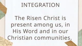 INTEGRATION
The Risen Christ is
present among us, in
His Word and in our
Christian communities.
 