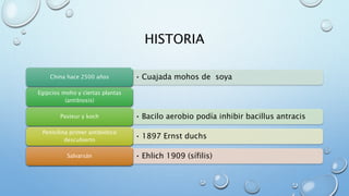HISTORIA 
China hace 2500 años • Cuajada mohos de soya 
Egipcios moho y ciertas plantas 
(antibiosis) 
Pasteur y koch • Bacilo aerobio podía inhibir bacillus antracis 
• 1897 Ernst duchs Penicilina primer antibiótico 
descubierto 
Salvarsán • Ehlich 1909 (sífilis) 
 