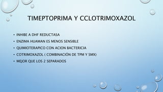 TIMEPTOPRIMA Y CCLOTRIMOXAZOL 
• INHIBE A DHF REDUCTASA 
• ENZIMA HUAMAN ES MENOS SENSIBLE 
• QUIMIOTERAPICO CON ACION BACTERICIA 
• COTRIMOXAZOL ( COMBINACIÓN DE TPM Y SMX) 
• MEJOR QUE LOS 2 SEPARADOS 
 