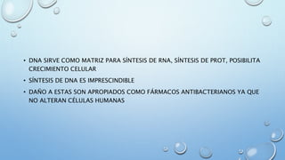 • DNA SIRVE COMO MATRIZ PARA SÍNTESIS DE RNA, SÍNTESIS DE PROT, POSIBILITA 
CRECIMIENTO CELULAR 
• SÍNTESIS DE DNA ES IMPRESCINDIBLE 
• DAÑO A ESTAS SON APROPIADOS COMO FÁRMACOS ANTIBACTERIANOS YA QUE 
NO ALTERAN CÉLULAS HUMANAS 
 
