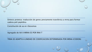 Síntesis proteica: traducción de genes previamente transferica a mrna para formar 
cadena poli peptídica 
Constitución de aa en ribosomas 
Agregado de AA A MRNA ES POR RNA T 
TRNA SE ADAPTA A UNIDAD DE CODIFICACION DETERMINADA POR MRNA (CODON) 
 