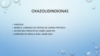 OXAZOLIDINDIONAS 
• LINEZOLID 
• INHIBE EL COMIENZO DE SINTESIS DE CADENA PEPTIDICA 
• ACCIÓN BACTERIOSTÁTICA SOBRE GRAM POS 
• SUPRESIÓN DE MEDULA ÓSEA, INHIBE MAO 
 