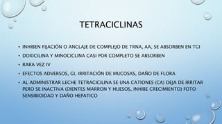 TETRACICLINAS 
• INHIBEN FIJACIÓN O ANCLAJE DE COMPLEJO DE TRNA, AA, SE ABSORBEN EN TGI 
• DOXICILINA Y MINOCICLINA CASI POR COMPLETO SE ABSORBEN 
• RARA VEZ IV 
• EFECTOS ADVERSOS, GI, IRRITACIÓN DE MUCOSAS, DAÑO DE FLORA 
• AL ADMINISTRAR LECHE TETRACICILINA SE UNA CATIONES (CA) DEJA DE IRRITAR 
PERO SE INACTIVA (DIENTES MARRON Y HUESOS, INHIBE CRECIMIENTO) FOTO 
SENSIBIOIDAD Y DAÑO HEPATICO 
 