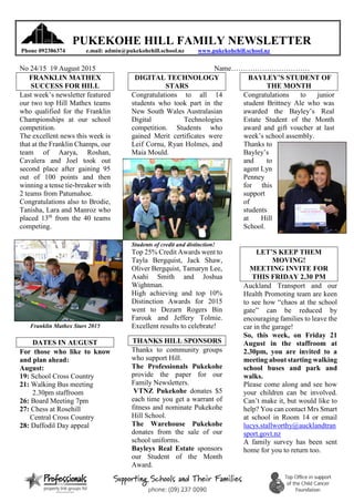 PUKEKOHE HILL FAMILY NEWSLETTER
Phone 092386374 e.mail: admin@pukekohehill.school.nz www.pukekohehill.school.nz
No 24/15 19 August 2015 Name……………………………
FRANKLIN MATHEX
SUCCESS FOR HILL
Last week’s newsletter featured
our two top Hill Mathex teams
who qualified for the Franklin
Championships at our school
competition.
The excellent news this week is
that at the Franklin Champs, our
team of Aarya, Roshan,
Cavalera and Joel took out
second place after gaining 95
out of 100 points and then
winning a tense tie-breaker with
2 teams from Patumahoe.
Congratulations also to Brodie,
Tanisha, Lara and Manroz who
placed 13th
from the 40 teams
competing.
Franklin Mathex Stars 2015
DATES IN AUGUST
For those who like to know
and plan ahead:
August:
19: School Cross Country
21: Walking Bus meeting
2.30pm staffroom
26: Board Meeting 7pm
27: Chess at Rosehill
Central Cross Country
28: Daffodil Day appeal
DIGITAL TECHNOLOGY
STARS
Congratulations to all 14
students who took part in the
New South Wales Australasian
Digital Technologies
competition. Students who
gained Merit certificates were
Leif Cornu, Ryan Holmes, and
Maia Mould.
Students of credit and distinction!
Top 25% Credit Awards went to
Tayla Bergquist, Jack Shaw,
Oliver Bergquist, Tamaryn Lee,
Asahi Smith and Joshua
Wightman.
High achieving and top 10%
Distinction Awards for 2015
went to Dezarn Rogers Bin
Farouk and Jeffery Tolmie.
Excellent results to celebrate!
THANKS HILL SPONSORS
Thanks to community groups
who support Hill.
The Professionals Pukekohe
provide the paper for our
Family Newsletters.
VTNZ Pukekohe donates $5
each time you get a warrant of
fitness and nominate Pukekohe
Hill School.
The Warehouse Pukekohe
donates from the sale of our
school uniforms.
Bayleys Real Estate sponsors
our Student of the Month
Award.
BAYLEY’S STUDENT OF
THE MONTH
Congratulations to junior
student Brittney Ale who was
awarded the Bayley’s Real
Estate Student of the Month
award and gift voucher at last
week’s school assembly.
Thanks to
Bayley’s
and to
agent Lyn
Penney
for this
support
of
students
at Hill
School.
LET’S KEEP THEM
MOVING!
MEETING INVITE FOR
THIS FRIDAY 2.30 PM
Auckland Transport and our
Health Promoting team are keen
to see how “chaos at the school
gate” can be reduced by
encouraging families to leave the
car in the garage!
So, this week, on Friday 21
August in the staffroom at
2.30pm, you are invited to a
meeting about starting walking
school buses and park and
walks.
Please come along and see how
your children can be involved.
Can’t make it, but would like to
help? You can contact Mrs Smart
at school in Room 14 or email
lucys.stallworthy@aucklandtran
sport.govt.nz
A family survey has been sent
home for you to return too.
 