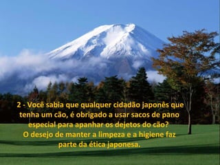 2 - Você sabia que qualquer cidadão japonês que
tenha um cão, é obrigado a usar sacos de pano
especial para apanhar os dejetos do cão?
O desejo de manter a limpeza e a higiene faz
parte da ética japonesa.
 
