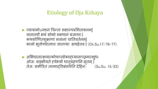 Etiology of Oja Kshaya
 ्यायािोऽनशनां चिन्ता रूक्षाल्पप्रमिताशनि्|
वातातपौ भयां शोको रूक्षपानां प्रजागरः|
कफशोणितशुक्रािा...