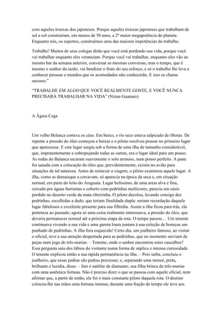 com aqueles trouxas dos japoneses. Porque aqueles trouxas japoneses que trabalham de
sol a sol construíram, em menos de 50 anos, a 2ª maior megapotência do planeta.
Enquanto nós, os espertos, construímos uma das maiores impotências do trabalho.

Trabalhe! Muitos de seus colegas dirão que você está perdendo sua vida, porque você
vai trabalhar enquanto eles veraneiam. Porque você vai trabalhar, enquanto eles vão ao
mesmo bar da semana anterior, conversar as mesmas conversas, mas o tempo, que é
mesmo o senhor da razão, vai bendizer o fruto do seu esforço, e só o trabalho lhe leva a
conhecer pessoas e mundos que os acomodados não conhecerão. E isso se chama
sucesso.‖

―TRABALHE EM ALGO QUE VOCÊ REALMENTE GOSTE, E VOCÊ NUNCA
PRECISARÁ TRABALHAR NA VIDA‖ (Nizan Guanaes)



A Águia Cega



Um velho Belanca cortava os céus. Em baixo, o rio seco estava salpicado de ilhotas. De
repente a pressão do óleo começou a baixar e o piloto resolveu pousar no primeiro lugar
que aparecesse. E este lugar surgiu sob a forma de uma ilha de tamanho considerável,
que, imponentemente e sobrepujando todas as outras, era o lugar ideal para um pouso.
As rodas do Balanca tocaram suavemente o solo arenoso, num pouso perfeito. A pane
foi sanada com a colocação do óleo que, previdentemente, existia no avião para
situações de tal natureza. Antes de reiniciar a viagem, o piloto examinou aquele lugar. A
ilha, como as demaisque a cercavam, só aparecia na época da seca e, em situação
normal, era parte do leito do Araguaia. Lugar belíssimo, de uma areia alva e fina,
cercado por águas barrentas e coberto com pedrinhas multicores, parecia um oásis
perdido no deserto verde da mata ribeirinha. O piloto decolou, levando consigo dez
pedrinhas, escolhidas a dedo, que teriam finalidade dupla: seriam recordação daquele
lugar fabulosos e excelente presente para sua filhinha. Assim a ilha ficou para trás, ela
pertencia ao passado; agora só uma coisa realmente interessava, a pressão do óleo, que
deveria permanecer normal até a próxima etapa da rota. O tempo passou… Um tenente
continuava vivendo a sua vida e uma garota loura juntara à sua coleção de bonecas um
punhado de pedrinhas. A ilha fora esquecida! Certo dia, um joalheiro famoso, ao visitar
o oficial, teve a sua atenção despertada para as pedrinhas, que no momento serviam de
peças num jogo de três-marias. – Tenente, onde o senhor encontrou estes cascalhos?
Essa pergunta saiu dos lábios do visitante numa forma de súplica e intensa curiosidade.
O tenente explicou então a sua rápida permanência na ilha. – Pois saiba, concluiu o
joalheiro, que essas pedras são pedras preciosas; e, separando uma menor, preta,
brilhante e luzidia, disse: – Isto é satélite de diamante; sua filha brinca de três-marias
com uma autêntica fortuna. Não é preciso dizer o que se passou com aquele oficial, nem
afirmar que, a partir de então, ele foi o mais constante piloto daquela rota. O destino
colocou-lhe nas mãos uma fortuna imensa; durante uma fração de tempo ele teve aos
 
