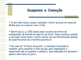Suspense e Comoção
 O narrador busca causar comoção: o leitor precisa ter pena de
Middy para se comover com o final.
 Booth ([s.d.], p. 215) chama esse recurso narrativo de
manipulação do estado de espírito do leitor. Isso acontece quando
o narrador tenta fazer o leitor entrar em um determinado estado
de espírito antes de a história acontecer.
 No caso de “O Jarro de prata”, a comoção é necessária,
também, para camuflar o fato de que, para Appleseed, o
importante não era ganhar o dinheiro. Sua obsessão era descobrir
quanto dele havia no jarro.
 