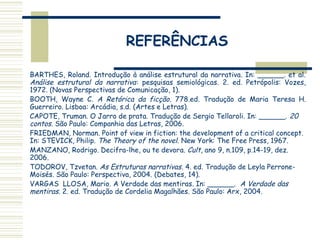 REFERÊNCIAS
BARTHES, Roland. Introdução à análise estrutural da narrativa. In: ______. et al.
Análise estrutural da narrativa: pesquisas semiológicas. 2. ed. Petrópolis: Vozes,
1972. (Novas Perspectivas de Comunicação, 1).
BOOTH, Wayne C. A Retórica da ficção. 778.ed. Tradução de Maria Teresa H.
Guerreiro. Lisboa: Arcádia, s.d. (Artes e Letras).
CAPOTE, Truman. O Jarro de prata. Tradução de Sergio Tellaroli. In: ______. 20
contos. São Paulo: Companhia das Letras, 2006.
FRIEDMAN, Norman. Point of view in fiction: the development of a critical concept.
In: STEVICK, Philip. The Theory of the novel. New York: The Free Press, 1967.
MANZANO, Rodrigo. Decifra-lhe, ou te devora. Cult, ano 9, n.109, p.14-19, dez.
2006.
TODOROV, Tzvetan. As Estruturas narrativas. 4. ed. Tradução de Leyla Perrone-
Moisés. São Paulo: Perspectiva, 2004. (Debates, 14).
VARGAS LLOSA, Mario. A Verdade das mentiras. In: ______. A Verdade das
mentiras. 2. ed. Tradução de Cordelia Magalhães. São Paulo: Arx, 2004.
 
