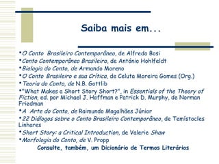 Saiba mais em...
O Conto Brasileiro Contemporâneo, de Alfredo Bosi
Conto Contemporâneo Brasileiro, de António Hohlfeldt
Biologia do Conto, de Armando Moreno
O Conto Brasileiro e sua Crítica, de Celuta Moreira Gomes (Org.)
Teoria do Conto, de N.B. Gottlib
"What Makes a Short Story Short?", in Essentials of the Theory of
Fiction, ed. por Michael J. Hoffman e Patrick D. Murphy, de Norman
Friedman
A Arte do Conto, de Raimundo Magalhães Júnior
22 Diálogos sobre o Conto Brasileiro Contemporâneo, de Temístocles
Linhares
Short Story: a Critical Introduction, de Valerie Shaw
Morfologia do Conto, de V. Propp
Consulte, também, um Dicionário de Termos Literários
 
