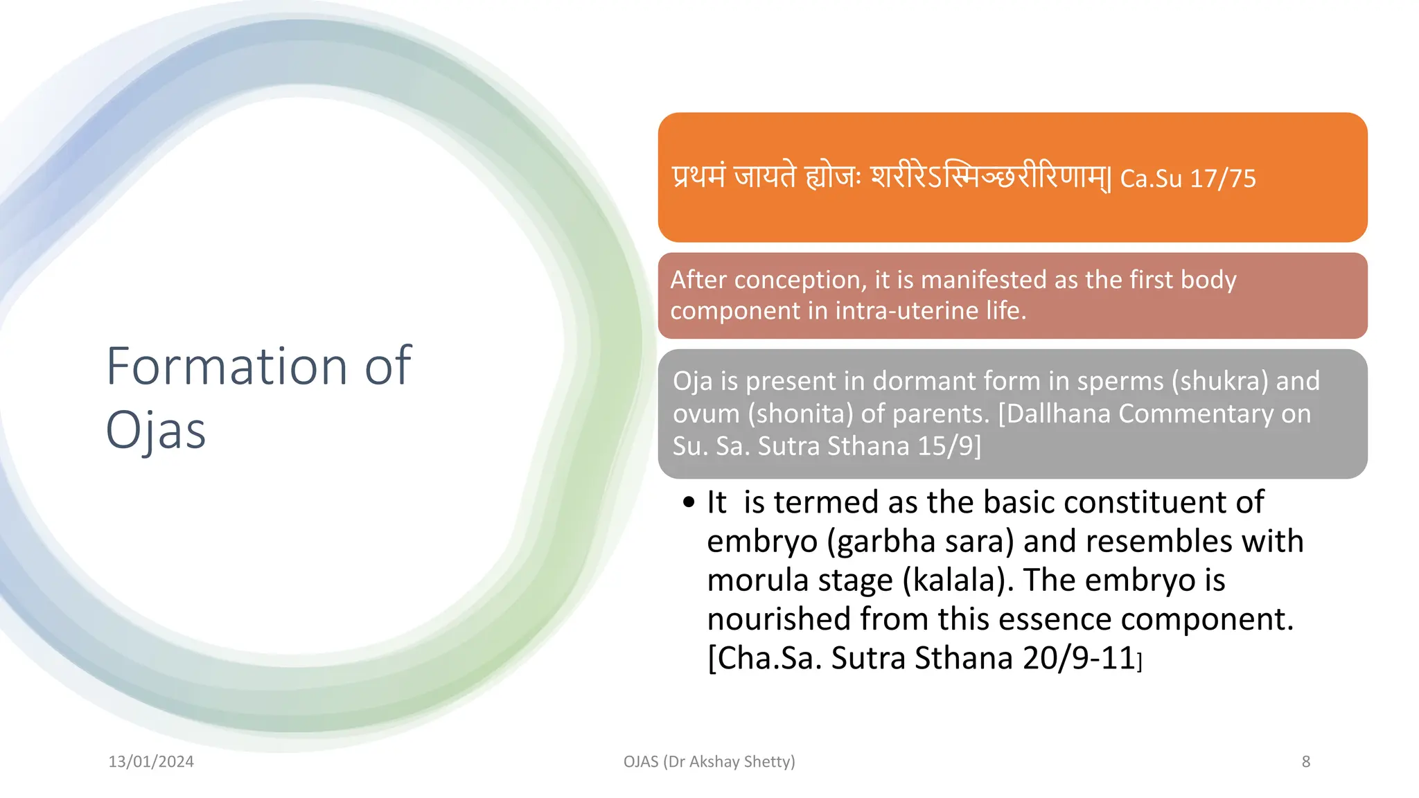 Formation of
Ojas
प्रिमां जायते ह्योजः शरीरेऽस्स्मञ्छरीररणाम्| Ca.Su 17/75
After conception, it is manifested as the first body
component in intra-uterine life.
Oja is present in dormant form in sperms (shukra) and
ovum (shonita) of parents. [Dallhana Commentary on
Su. Sa. Sutra Sthana 15/9]
• It is termed as the basic constituent of
embryo (garbha sara) and resembles with
morula stage (kalala). The embryo is
nourished from this essence component.
[Cha.Sa. Sutra Sthana 20/9-11]
13/01/2024 OJAS (Dr Akshay Shetty) 8
 