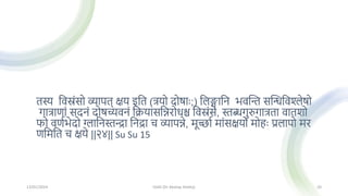 तस्य मवस्रांसो व्यापत् क्षय इमत (त्रयो दोषाः;) मलङ्गामन िवस्न्त सस्िमवश्लेषो
गात्राणाां सदनां दोषच्यवनां मक्रयासमन्नरोधश्च मवस्रांसे, स्तब्धगुरुगात्रता वातशो
फो वणथिेदो ग्लामनस्तिा मनद्रा च व्यापन्ने, मूिाथ माांसक्षयो मोहः प्रलापो मर
णमममत च क्षये ||२४|| Su Su 15
13/01/2024 OJAS (Dr Akshay Shetty) 20
 