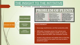  ( ACTIONS - STEPWISE, STAGEWISE )
THE INSIGHT TO THE INTITATIVE
STAGES OF PDS
PROCUREMENT
CENTRAL-
STATE
STATE-
CONSUMER
PROCUREMENT:
• Encourage small farmers, and their productivity skills.
• SMS alerts- Nowadays person from almost every
section of the society posses a mobile, so govt can
send imp alerts like MSPs, their transaction records.
• Access to the producers and register them so that they
can be benefitted by the system and may be able to
benefit the system.
 