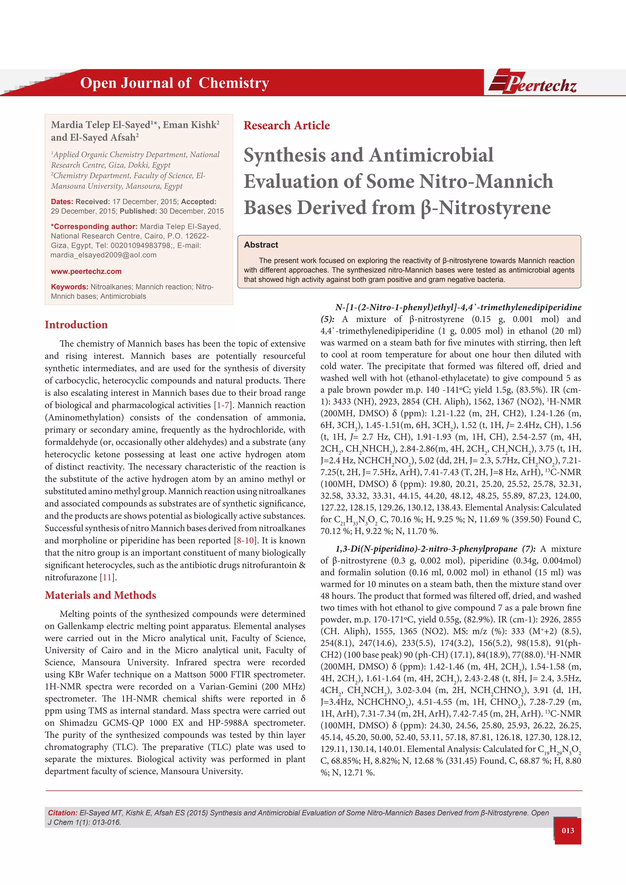 Synthesis and Antimicrobial Evaluation of Some Nitro-Mannich Bases ...