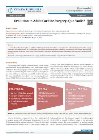 Marzia Cottini*
Department of Heart and Vessels, Cardiac Surgery Unit and Heart Transplantation Center, Niguarda Hospital, Italy
*Corresponding author: Marzia Cottini, Department of Heart and Vessels, Cardiac Surgery Unit and Heart Transplantation Center, Niguarda Hospital,
20162 Milan, Italy, Tel: 0039(2)64442142-2575; Email:
Submission: August 03, 2017; Published: April 27, 2018
Evolution in Adult Cardiac Surgery: Quo Vadis?
Introduction
For a young cardiac surgeon, it seems that every cardiac surgery
procedure were discovered and tried but a more careful analysis
could show the cardiac surgery is ever-changing science. From the
last half of twentieth century, the cardiac surgery had emerged more
and more and become important and reliable medicine discipline.
We could indentified two era: before and after cardiopulmonary
bypass (CPB). The first cases of cardiac surgery before CPB were
dating to 1850-1900, when Dr Hale Williams and Dr. Rehn tried to
treat stab wound of the heart. Afterwards, it had arrived the time
of heart valve disease: Tuffier (1912), Souttar (1915) and Holmes/
Seller (1948) had done first clinical attempt to open a stentic aortic
valve, successful of mitral finger commisurotomy and pulmonary
valvulotommy, respectively. Only in the 1952. Hufnagel implanted
the first valve in descending aorta.
Perspective
Open Journal of
Cardiology & Heart DiseasesC CRIMSON PUBLISHERS
Wings to the Research
1/2Copyright © All rights are reserved by Marzia Cottini.
Volume -2 Issue - 1
Abstract
From the cardiopulmonary bypass and first heart transplantation to transcatheter valve implantation and minimally invasive cardiac surgery,
there were spent many decades. The cardiac surgery had modelled and evolved according to surgeons’ experience and clinical needs. Nowadays, the
minimally invasive surgery and robotic surgery have won the first place in our operation rooms with the more and more emergent transcatheter valve
procedure.
Keywords: Cardiac surgery; Minimally invasive surgery; Heart transplantation; Cardiac perspectives; Transcatheter valve
Figure 1: The cardiac surgery development: the pre- Cardiopulmonary bypass (CPB) era; the CPB era and the advanced CPB era.
Hence, the cardiac surgery arrived to the a salient period
of surgical growth and technological development: the era of
CPB characterized by multiple milestones (Figure 1). Carrel and
Lindbergh were the pioneers of the CPB and coronary bypass, they
had started to create this circulatory support for cardiac surgery
in the 1912. In parallel, Dr. Lillehei sought to find alternative
circulating support (as cross circulation) to perform cardiac
surgery procedure and Dr. Digliotti (Turin, 1950) used a heart-lung
ISSN 2578-0204
 