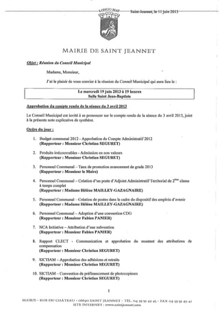 Ordre du jour du conseil municipal du 19 juin 2013, Saint-Jeannet
