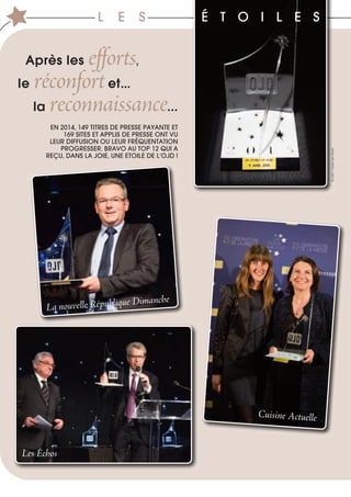 EN 2014, 149 TITRES DE PRESSE PAYANTE ET
169 SITES ET APPLIS DE PRESSE ONT VU
LEUR DIFFUSION OU LEUR FRÉQUENTATION
PROGRESSER. BRAVO AU TOP 12 QUI A
REÇU, DANS LA JOIE, UNE ETOILE DE L’OJD !
Les Échos
L E S É T O I L E S
Après les efforts,
le réconfortet…
la reconnaissance...
La nouvelle République Dimanche
Cuisine Actuelle
©OJD/Claire-LiseHavet
 