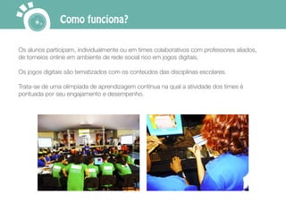 Como funciona?
Os alunos participam, individualmente ou em times colaborativos com professores aliados,
de torneios online em ambiente de rede social rico em jogos digitais.
Os jogos digitais são tematizados com os conteúdos das disciplinas escolares.
Trata-se de uma olimpíada de aprendizagem contínua na qual a atividade dos times é
pontuada por seu engajamento e desempenho.
 