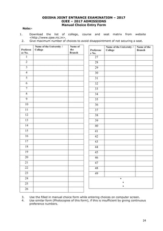 24
ODISHA JOINT ENTRANCE EXAMINATION – 2017
OJEE – 2017 ADMISSIONS
Manual Choice Entry Form
Note:-
1. Download the list of college, course and seat matrix from website
<http://www.ojee.nic.in>.
2. Give maximum number of choices to avoid disappointment of not securing a seat.
3. Use the filled in manual choice form while entering choices on computer screen.
4. Use similar form (Photocopies of this form), if this is insufficient by giving continuous
preference numbers.
Preferen
ce No.
Name of the University /
College
Name of
the
Branch
1
2
3
4
5
6
7
8
9
10
11
12
13
14
15
16
17
18
19
20
21
22
23
24
25
26
Preferenc
e No.
Name of the University /
College
Name of the
Branch
27
28
29
30
31
32
33
34
35
36
37
38
39
40
41
42
43
44
45
46
47
48
49
•
•
•
 