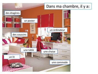 Dans ma chambre, il y a:des étagèresun posterun ordinateurdes coussinsune tableune chaiseun litune commode