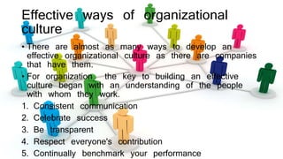 Effective ways of organizational
culture
• There are almost as many ways to develop an
effective organizational culture as there are companies
that have them.
• For organization the key to building an effective
culture began with an understanding of the people
with whom they work.
1. Consistent communication
2. Celebrate success
3. Be transparent
4. Respect everyone's contribution
5. Continually benchmark your performance
 