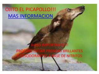 OJITO EL PICAPOLLO!!!
MAS INFORMACION
AVISO IMPORTANTE!!!
PROCURE EVITAR PRENDAS BRILLANTES
Y DESODORANTES A BASE DE NITRITOS
 