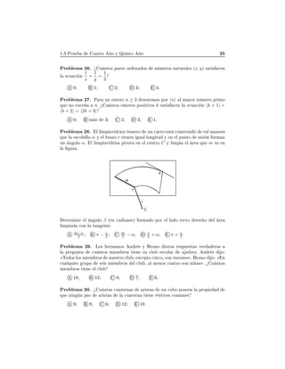 ½º¿ ÈÖÙ Ù ÖØÓ Ó Ý ÉÙ ÒØÓ Ó ¾
ÈÖÓ Ð Ñ ¾ º ú Ù ÒØÓ× Ô Ö × ÓÖ Ò Ó× Ò Ñ ÖÓ× Ò ØÙÖ Ð × (x, y) × Ø × 
 Ò
Ð 
Ù 
 Ò
1
x
+
1
y
=
1
3
¼ ½ ¾ ¿ º
ÈÖÓ Ð Ñ ¾ º È Ö ÙÒ ÒØ ÖÓ n ≥ 2 ÒÓØ ÑÓ× ÔÓÖ n Ð Ñ ÝÓÖ Ò Ñ ÖÓ ÔÖ ÑÓ
ÕÙ ÒÓ Ü
 nº ú Ù ÒØÓ× ÒØ ÖÓ× ÔÓ× Ø ÚÓ× k × Ø × 
 Ò Ð 
Ù 
 Ò k + 1 +
k + 2 = 2k + 3
¼ Ñ × ¿ ¾ ¿ ½º
ÈÖÓ Ð Ñ ¾ º Ð Ð ÑÔ Ú Ö Ó× ØÖ × ÖÓ ÙÒ 
 ÖÖÓ ×Ø 
ÓÒ×ØÖÙ Ó Ø Ð Ñ Ò Ö
ÕÙ Ð ×
Ó ÐÐ w Ý Ð Ö ÞÓ r Ø Ò Ò Ù Ð ÐÓÒ ØÙ Ý Ò Ð ÔÙÒØÓ ÙÒ Ò ÓÖÑ Ò
ÙÒ Ò ÙÐÓ αº Ð Ð ÑÔ Ú Ö Ó× Ô ÚÓØ Ò Ð 
 ÒØÖÓ C Ý Ð ÑÔ Ð Ö ÕÙ × Ú Ò
Ð ÙÖ º
Ø ÖÑ Ò Ð Ò ÙÐÓ β ´ Ò Ö Ò ×µ ÓÖÑ Ó ÔÓÖ Ð Ð Ó Ö 
ØÓ Ö 
 Ó Ð Ö
Ð ÑÔ 
ÓÒ Ð Ø Ò ÒØ º
3π−α
2 π − α
2
3π
2 − α π
2 + α π + α
2 º
ÈÖÓ Ð Ñ ¾ º ÄÓ× ÖÑ ÒÓ× Ò Ö × Ý ÖÙÒÓ ÖÓÒ Ö ×ÔÙ ×Ø × Ú Ö Ö ×
Ð ÔÖ ÙÒØ 
Ù ÒØÓ× Ñ Ñ ÖÓ× Ø Ò ×Ù 
ÐÙ ×
ÓÐ Ö Ö Þº Ò Ö × Ó
ÌÓ Ó× ÐÓ× Ñ Ñ ÖÓ× ÒÙ ×ØÖÓ 
ÐÙ ¸ Ü
 ÔØÓ 
 Ò
Ó¸ ×ÓÒ Ú ÖÓÒ × º ÖÙÒÓ Ó Ò

Ù ÐÕÙ Ö ÖÙÔÓ × × Ñ Ñ ÖÓ× Ð 
ÐÙ ¸ Ð Ñ ÒÓ× 
Ù ØÖÓ ×ÓÒ Ò × º ú Ù ÒØÓ×
Ñ Ñ ÖÓ× Ø Ò Ð 
ÐÙ
½ ½¾ º
ÈÖÓ Ð Ñ ¿¼º ú Ù ÒØ × 
Ù Ø ÖÒ × Ö ×Ø × ÙÒ 
Ù Ó ÔÓ× Ò Ð ÔÖÓÔ
ÕÙ Ò Ò Ò Ô Ö Ö ×Ø × Ð 
Ù Ø ÖÒ Ø Ò Ú ÖØ 
 × 
ÓÑÙÒ ×
½¾ ½ º
 