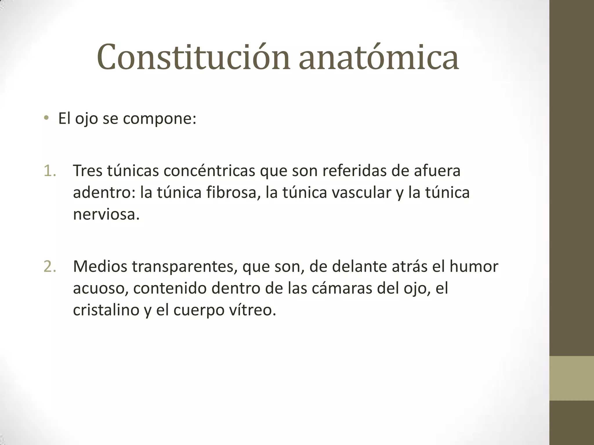 Constitución anatómica
• El ojo se compone:

1. Tres túnicas concéntricas que son referidas de afuera
   adentro: la túnica fibrosa, la túnica vascular y la túnica
   nerviosa.

2. Medios transparentes, que son, de delante atrás el humor
   acuoso, contenido dentro de las cámaras del ojo, el
   cristalino y el cuerpo vítreo.
 
