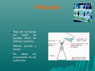 Filtración
Paso de la mezcla
por medio de
paoeles filtros de
distintos tamaños.
Método sencillo y
barato.
No altera las
propiedades de las
sustancias
 