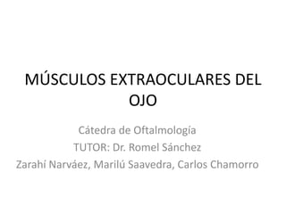 MÚSCULOS EXTRAOCULARES DEL
OJO
Cátedra de Oftalmología
TUTOR: Dr. Romel Sánchez
Zarahí Narváez, Marilú Saavedra, Carlos Chamorro
 