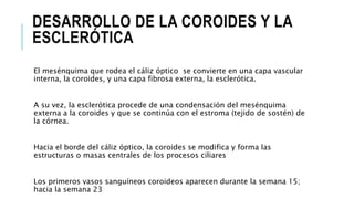 DESARROLLO DE LA COROIDES Y LA
ESCLERÓTICA
El mesénquima que rodea el cáliz óptico se convierte en una capa vascular
interna, la coroides, y una capa fibrosa externa, la esclerótica.
A su vez, la esclerótica procede de una condensación del mesénquima
externa a la coroides y que se continúa con el estroma (tejido de sostén) de
la córnea.
Hacia el borde del cáliz óptico, la coroides se modifica y forma las
estructuras o masas centrales de los procesos ciliares
Los primeros vasos sanguíneos coroideos aparecen durante la semana 15;
hacia la semana 23
 