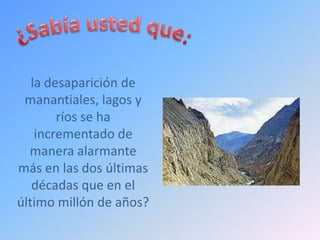 la desaparición de
 manantiales, lagos y
        ríos se ha
    incrementado de
  manera alarmante
más en las dos últimas
   décadas que en el
último millón de años?
 