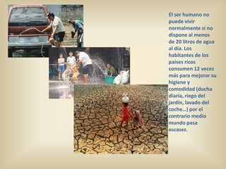 El ser humano no
puede vivir
normalmente si no
dispone al menos
de 20 litros de agua
al día. Los
habitantes de los
países ricos
consumen 12 veces
más para mejorar su
higiene y
comodidad (ducha
diaria, riego del
jardín, lavado del
coche…) por el
contrario medio
mundo pasa
escasez.
 