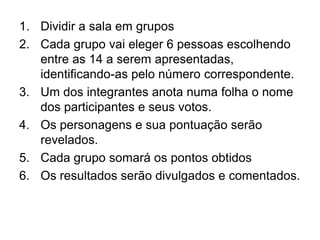 Dividir a sala em gruposCada grupo vai eleger 6 pessoas escolhendo entre as 14 a serem apresentadas, identificando-as pelo número correspondente.Um dos integrantes anota numa folha o nome dos participantes e seus votos.Os personagens e sua pontuação serão revelados.Cada grupo somará os pontos obtidosOs resultados serão divulgados e comentados.