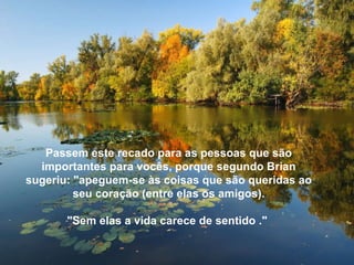 Passem este recado para as pessoas que são importantes para vocês, porque segundo Brian sugeriu: "apeguem-se às coisas que são queridas ao seu coração (entre elas os amigos).   "Sem elas a vida carece de sentido ."  