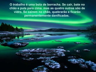 Texto Matriz O trabalho é uma bola de borracha. Se cair, bate no chão e pula para cima. mas as quatro outras são de vidro. Se caírem no chão, quebrarão e ficarão permanentemente danificadas.  