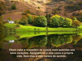 Dêem valor e respeitem as coisas mais queridas aos seus corações. Apeguem-se a elas como a própria vida. Sem elas a vida carece de sentido. 
