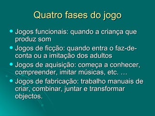 Quatro fases do jogo Jogos funcionais: quando a criança que produz som Jogos de ficção: quando entra o faz-de-conta ou a imitação dos adultos Jogos de aquisição: começa a conhecer, compreender, imitar músicas, etc. … Jogos de fabricação: trabalho manuais de criar, combinar, juntar e transformar objectos. 