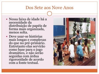 Dos Sete aos Nove Anos
 Nessa faixa de idade há a
necessidade da
distribuição de papéis de
forma mais organizada,
menos solta.
 Deve usar-se histórias
mais longas e complexas
do que no pré-primário.
Entretanto elas servirão
como base para o jogo
dramático, e não serão
seguidas com árdua
rigorosidade de acordo
com a fonte textual.
 