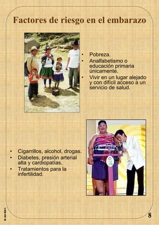 Factores de riesgo en el embarazo


                                                     •   Pobreza.
                                                     •   Analfabetismo o
                                                         educación primaria
                                                         únicamente.
                                                     •   Vivir en un lugar alejado
                                                         y con difícil acceso a un
                                                         servicio de salud.




                    •    Cigarrillos, alcohol, drogas.
                    •    Diabetes, presión arterial
                         alta y cardiopatías.
                    •    Tratamientos para la
                         infertilidad.
Dr. José Ortiz S.




                                                                                     8
 