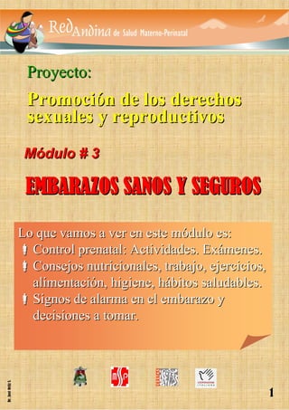Proyecto:
                     Promoción de los derechos
                     sexuales y reproductivos
                     Módulo # 3

                     EMBARAZOS SANOS Y SEGUROS

                    Lo que vamos a ver en este módulo es:
                      Control prenatal: Actividades. Exámenes.
                      Consejos nutricionales, trabajo, ejercicios,
                      alimentación, higiene, hábitos saludables.
                      Signos de alarma en el embarazo y
                      decisiones a tomar.
Dr. José Ortiz S.




                                                                     1
 
