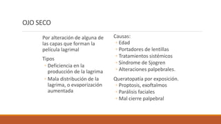 OJO SECO
Por alteración de alguna de
las capas que forman la
película lagrimal
Tipos
◦ Deficiencia en la
producción de la ...