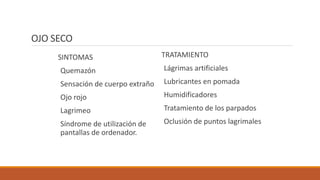 OJO SECO
SINTOMAS
Quemazón
Sensación de cuerpo extraño
Ojo rojo
Lagrimeo
Síndrome de utilización de
pantallas de ordenador...