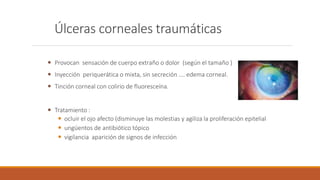 Úlceras corneales traumáticas
 Provocan sensación de cuerpo extraño o dolor (según el tamaño )
 Inyección periquerática ...