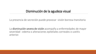 Disminución de la agudeza visual
La presencia de secreción puede provocar visión borrosa transitoria
La disminución severa...