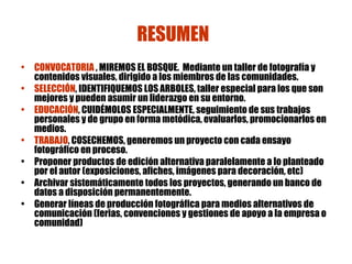 RESUMEN   CONVOCATORIA  , MIREMOS EL BOSQUE.  Mediante un taller de fotografía y contenidos visuales, dirigido a los miembros de las comunidades. SELECCIÓN , IDENTIFIQUEMOS LOS ARBOLES,  taller especial para los que son mejores y pueden asumir un liderazgo en su entorno. EDUCACIÓN , CUIDÉMOLOS ESPECIALMENTE,  seguimiento de sus trabajos personales y de grupo en forma metódica, evaluarlos, promocionarlos en medios. TRABAJO , COSECHEMOS,  generemos un proyecto con cada ensayo fotográfico en proceso.   Proponer productos de edición alternativa paralelamente a lo planteado por el autor (exposiciones, afiches, imágenes para decoración, etc) Archivar sistemáticamente todos los proyectos, generando un banco de datos a disposición permanentemente. Generar líneas de producción fotográfica para medios alternativos de comunicación (ferias, convenciones y gestiones de apoyo a la empresa o comunidad) 